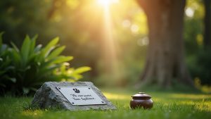 A peaceful garden cemetery scene with a memorial stone and an urn