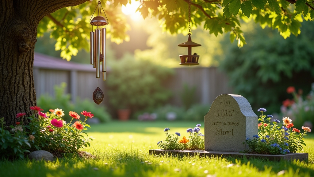 Backyard pet memorial garden with engraved stone