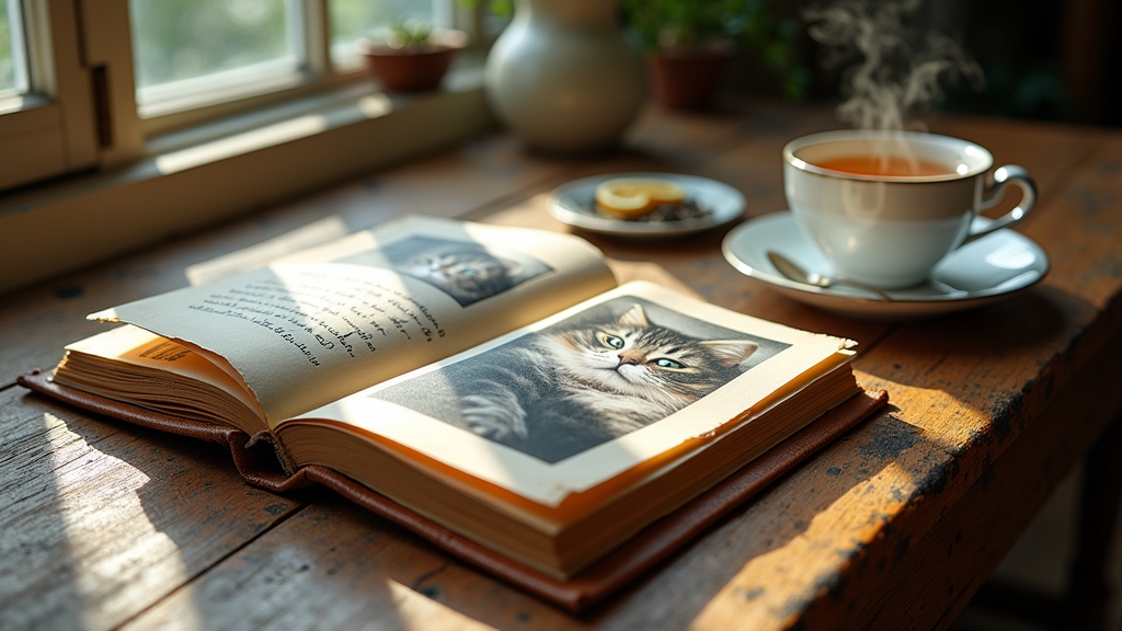 Open memory photo album with printed cat photos 