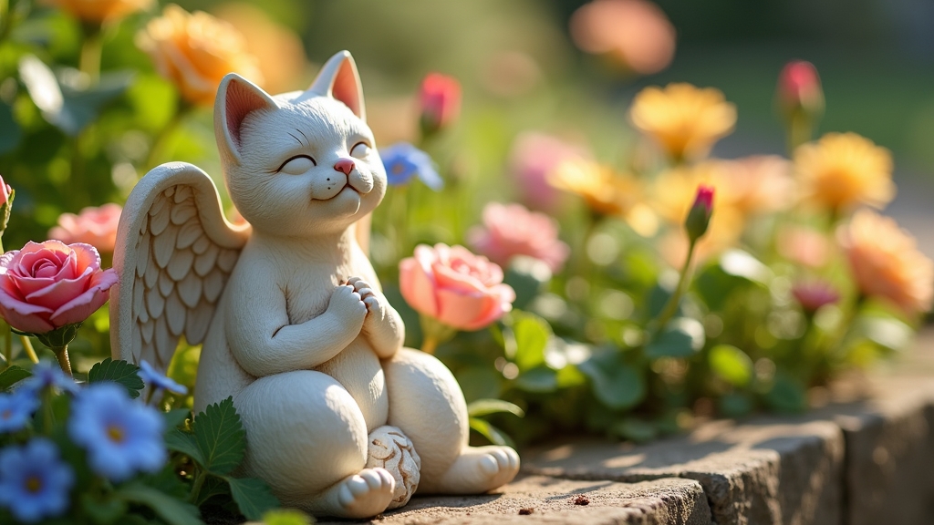 Resin cat memorial statue with angel wings.