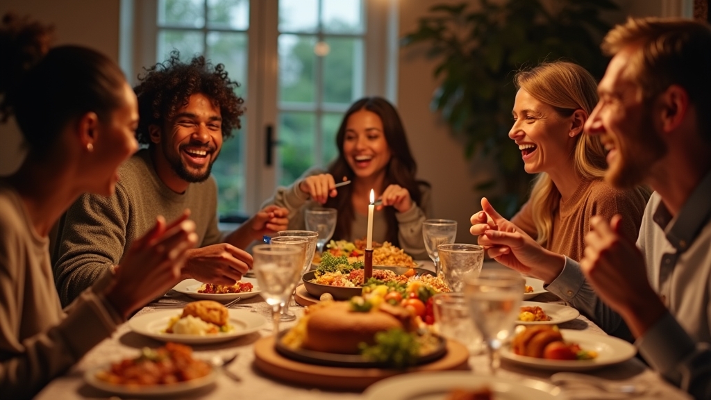 Family and friends gathered around a dinner table 