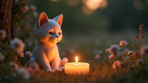 Heartfelt cat memorial statue with candlelight