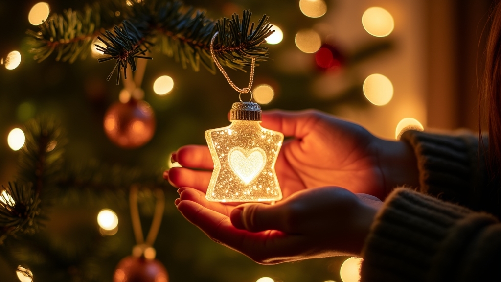Hands placing a memorial ornament on a Christmas tree