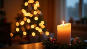 A lit candle on a table with a softly lit Christmas tree