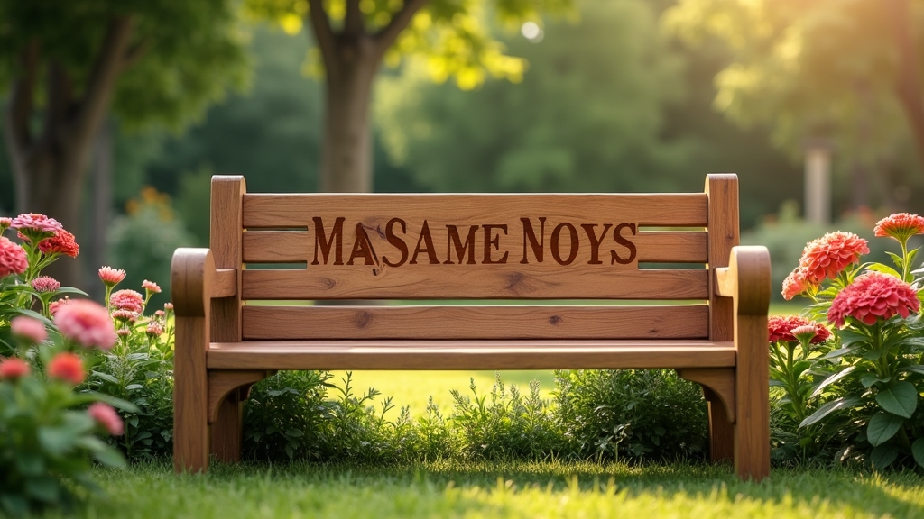 Wooden bench engraved with pet’s name placed in peaceful memorial garden
