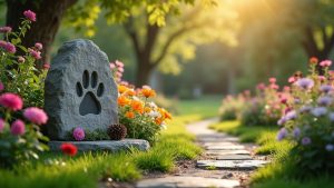 Peaceful pet memorial garden with flowers, memorial stone, and sunlight