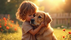 Child hugging golden retriever in backyard during sunset, symbolizing pet loss