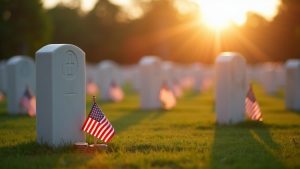 Coins left on military headstones in a cemetery at sunrise showing respect and remembrance