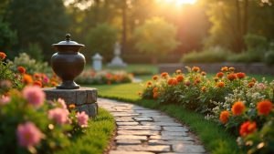 Beautiful garden memorial with flowers and urn honoring cremated ashes