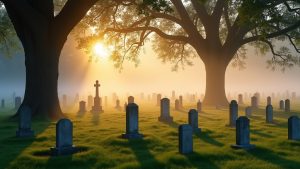 Peaceful cemetery at dawn with clean headstones surrounded by greenery