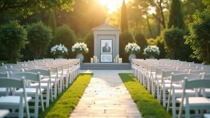 Outdoor memorial service setup with white chairs, framed photo, lilies, and candles under sunlight