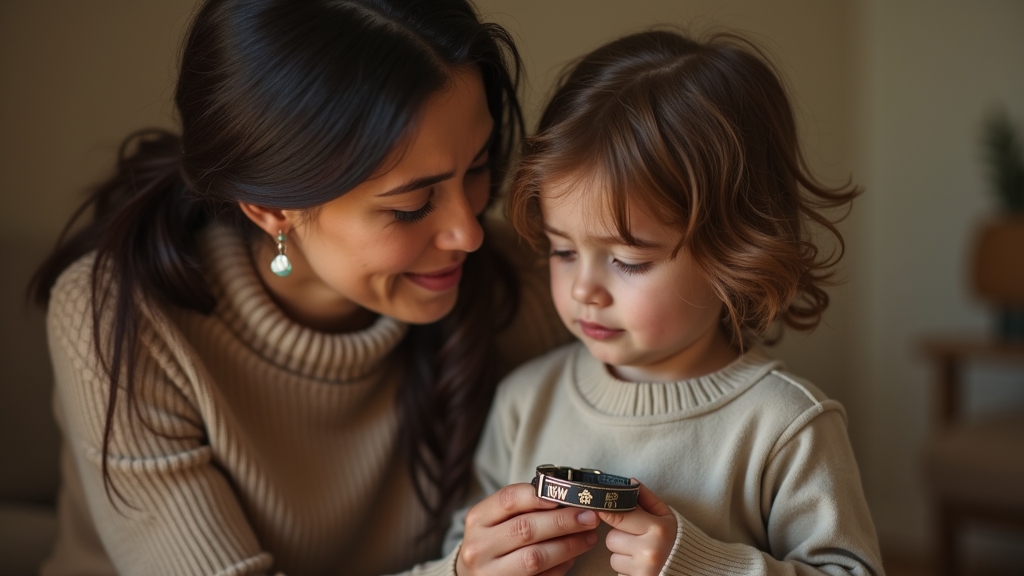 Mother explaining pet’s death to young child holding a collar