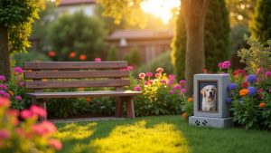 Peaceful pet memorial garden with flowers, a bench, and a framed photo