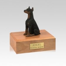 Doberman Black Ears Up Sitting Small Dog Urn