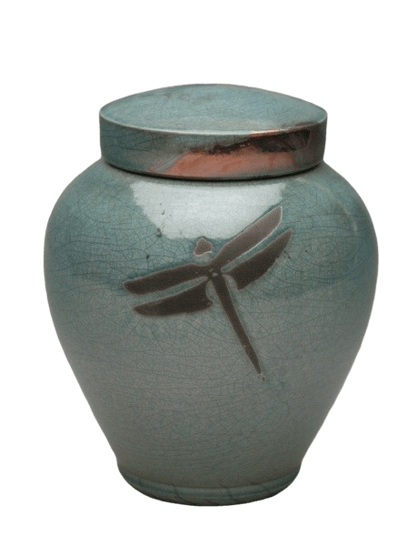 Dragonfly Aqua Raku Cremation Urn