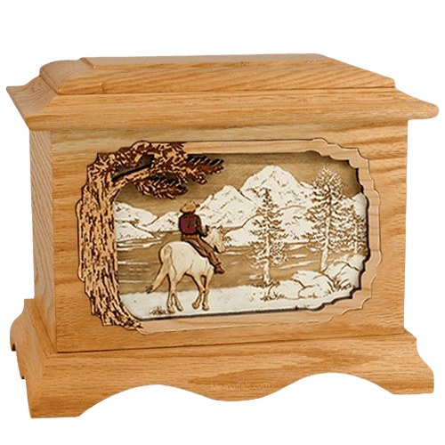 Horse & Lake Oak Cremation Urn