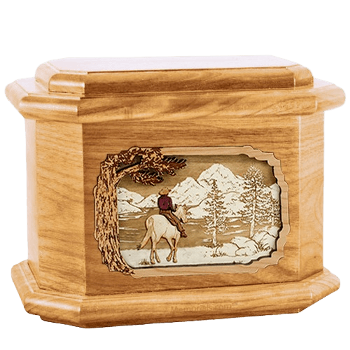 Horse & Lake Oak Octagon Cremation Urn