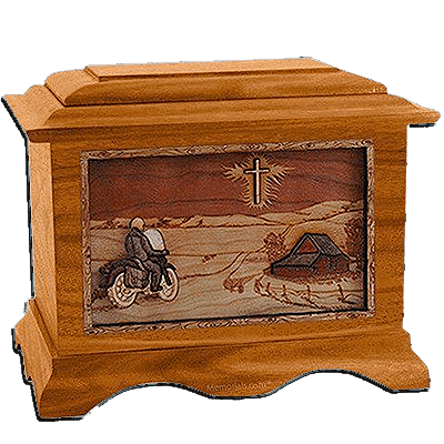 Motorcycle & Cross Mahogany Cremation Urn for Two