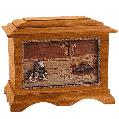 Motorcycle & Cross Mahogany Cremation Urn for Two