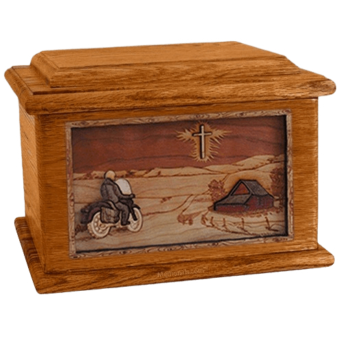 Motorcycle & Cross Mahogany Memory Chest Cremation Urn
