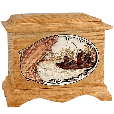 Salmon Fishing Oak Cremation Urn for Two 