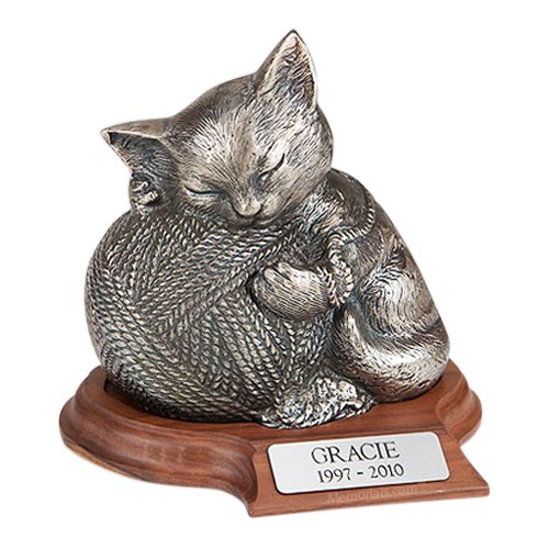 Silver Cat Cremation Urn with Base