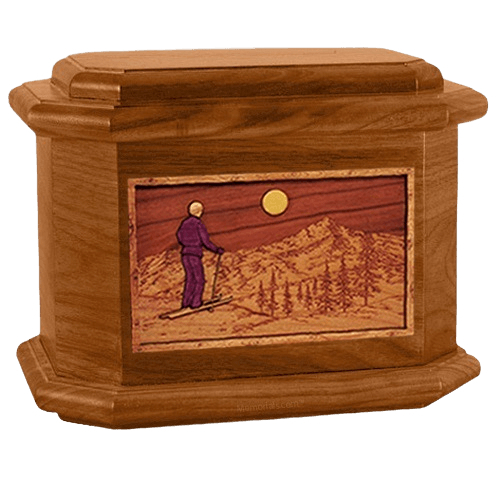 Skiing Mahogany Octagon Cremation Urn