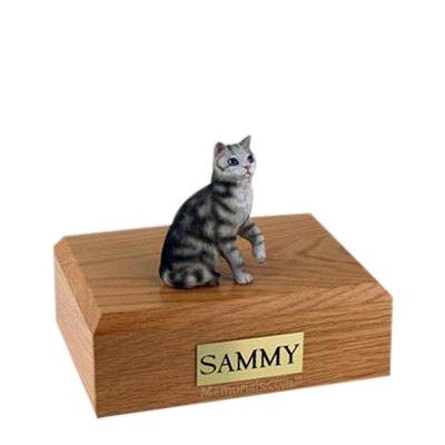 Tabby Silver Sitting Medium Cat Cremation Urn