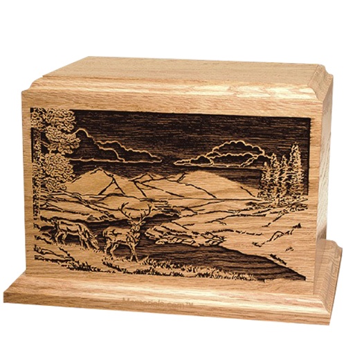 Deer Scene Oak Wood Cremation Urn