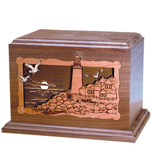 Lighthouse At Night Walnut Wood Cremation Urn