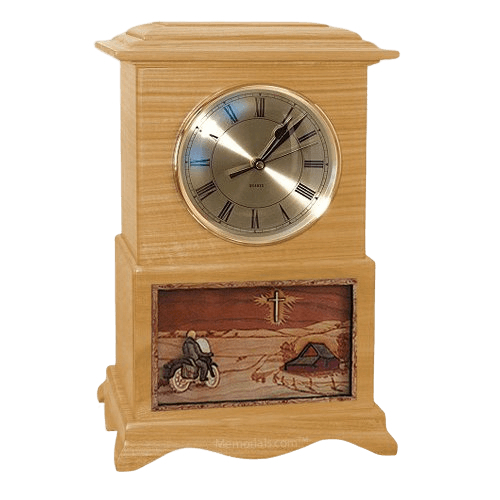 Motorcycle and Cross Clock Oak Cremation Urn