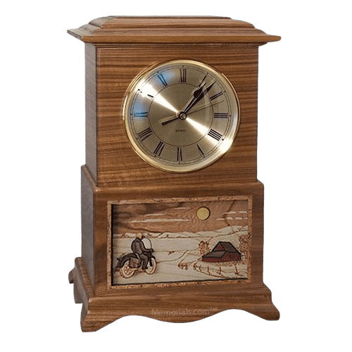 Motorcycle and Farmhouse Clock Walnut Cremation Urn