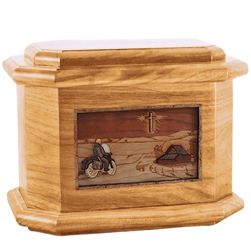 Motorcycle & Cross Oak Octagon Cremation Urn