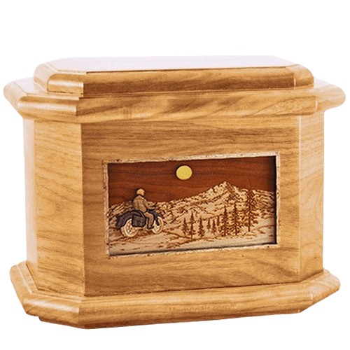 Motorcycle Mountains Oak Octagon Cremation Urn