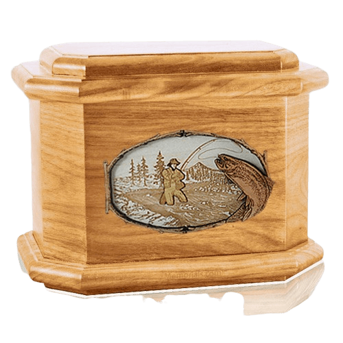 Fly Fishing Oak Octagon Cremation Urn