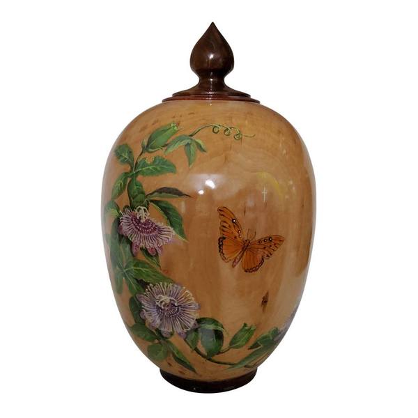 Passion Flower Butterfly Wood Urn