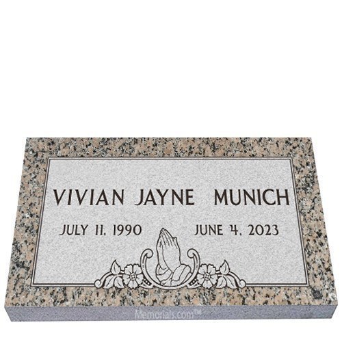 Praying Hands Over Flowers Granite Grave Marker 24 x 12