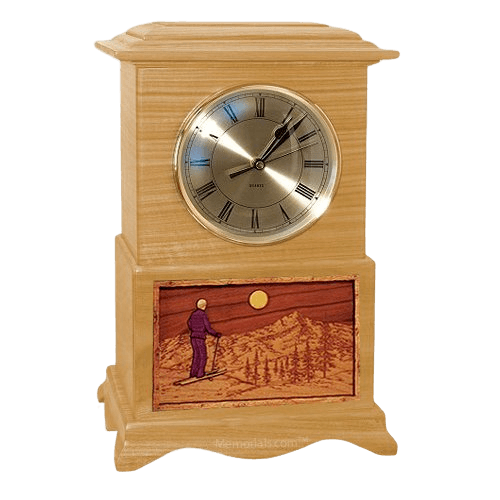 Skiing Clock Oak Cremation Urn