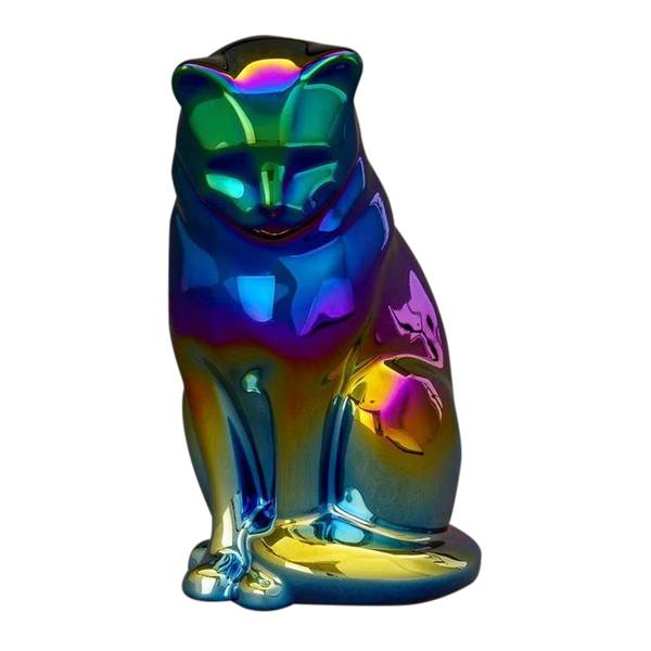 Upright Rainbow Chrome Ceramic Cat Urn