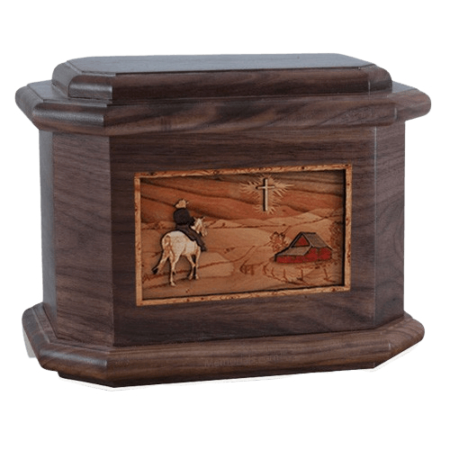 Horse & Cross Walnut Octagon Cremation Urn