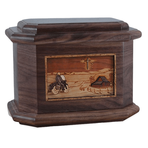 Motorcycle & Cross Walnut Octagon Cremation Urn