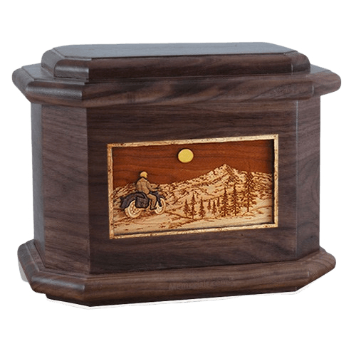 Motorcycle Mountains Walnut Octagon Cremation Urn