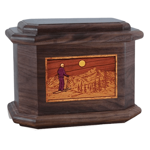 Skiing Walnut Octagon Cremation Urn