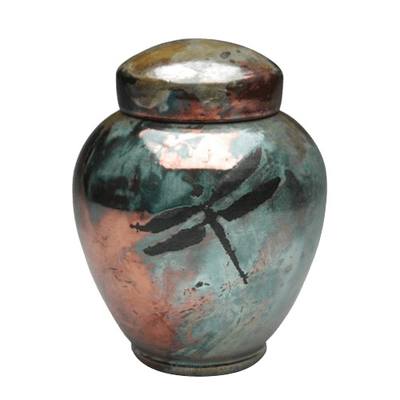 Dragonfly Aqua Raku Cremation Urn