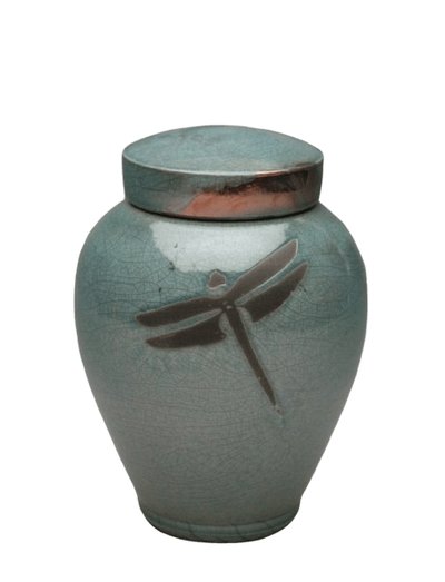 Dragonfly Aqua Raku Medium Cremation Urn