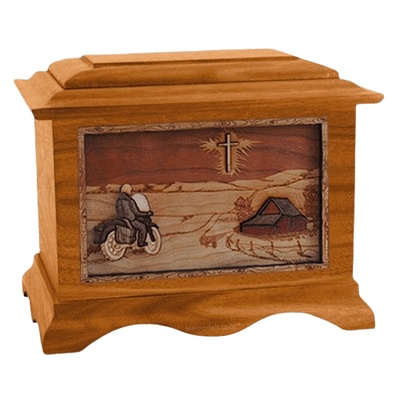 Motorcycle & Cross Mahogany Cremation Urn