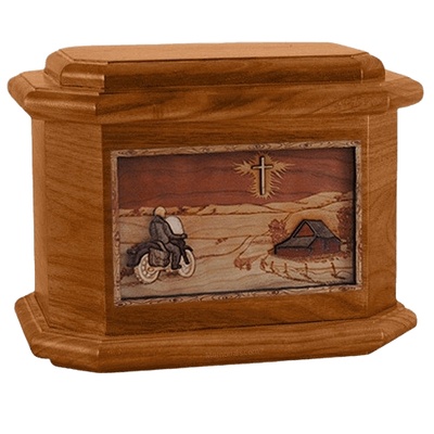 Motorcycle & Cross Mahogany Octagon Cremation Urn