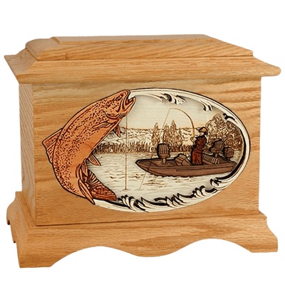 Trout Fishing Oak Cremation Urn