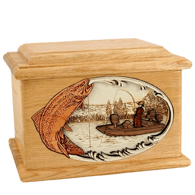 Trout Fishing Oak Memory Chest Cremation Urn