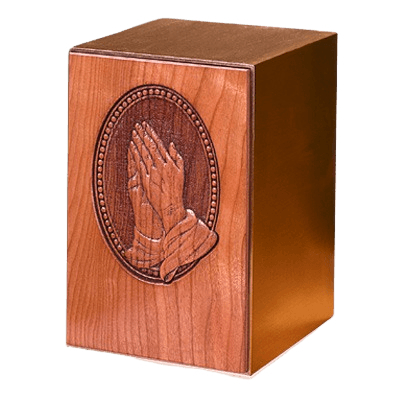 Carved Praying Hands Wood Cremation Urn
